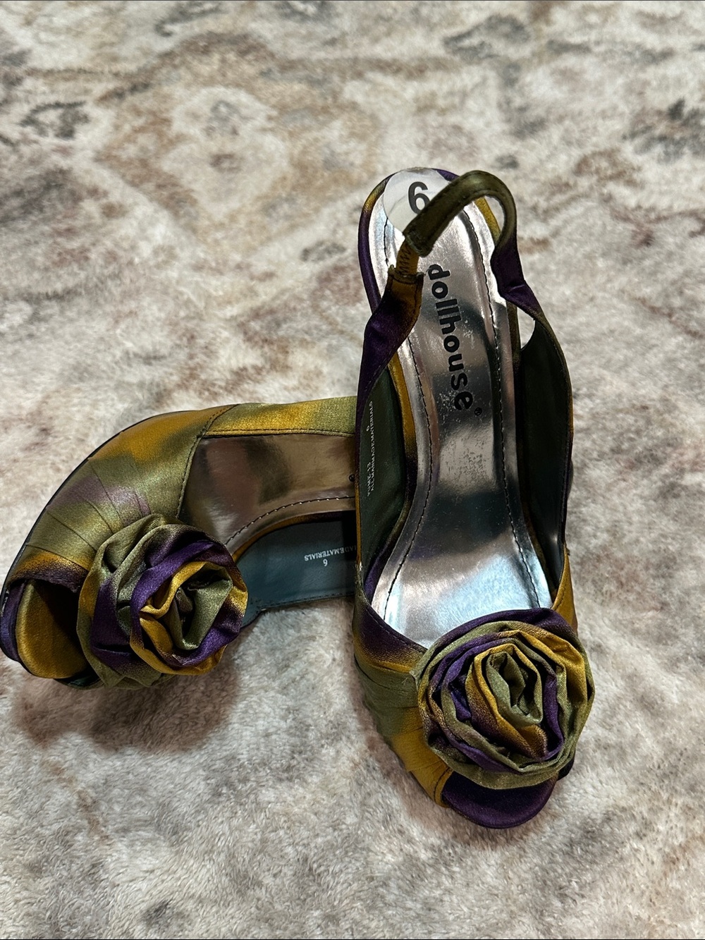 Dollhouse Olive Green and Deep Purple Satin Slingback Heels with Rosette